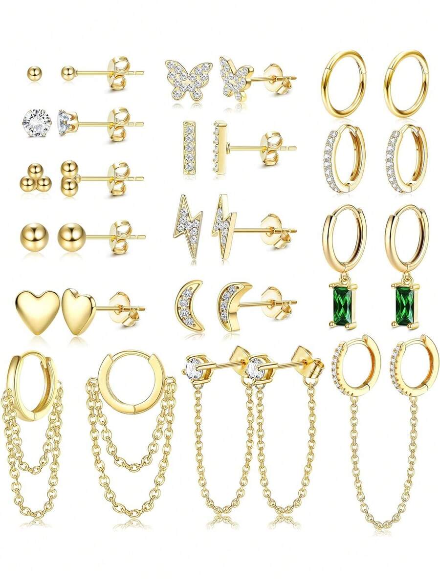 Milacolato 29Pcs 14K Gold Plated Studs Earrings And Hoops Set For Women Huggie Hoop Studs Earrings Set Dainty Minimalist Moon Heart Butterfly CZ Ball Small Dangle Chain Hoop Earrings Set For Multiple Piercing - 彩色 - 查看 1
