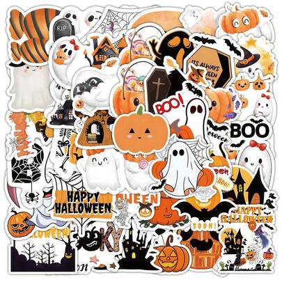 52PCS Halloween Stickers Cute Waterproof Castle Ghost Pumpkin Halloween Stickers DIY Decorative Decals Phone Laptop Guitar Luggage Cups Stationery Waterproof Stickers