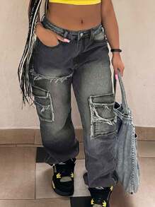 秋季女装春季复古高街牛仔裤女高腰修身水洗做旧直筒裤宽松阔腿裤 - 黑色 - 查看 2