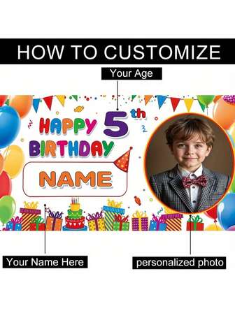 1 pezzo Striscione personalizzato per festa di compleanno - Personalizzato con nome, età e foto - In poliestere durevole - Adatto per decorazioni interne/esterne, sfondo per vacanze, stampa di alta qualità, decorazione per celebrazioni domestiche, sfondo fotografico e decorazione per la casa, decorazione per compleanno, forniture per feste