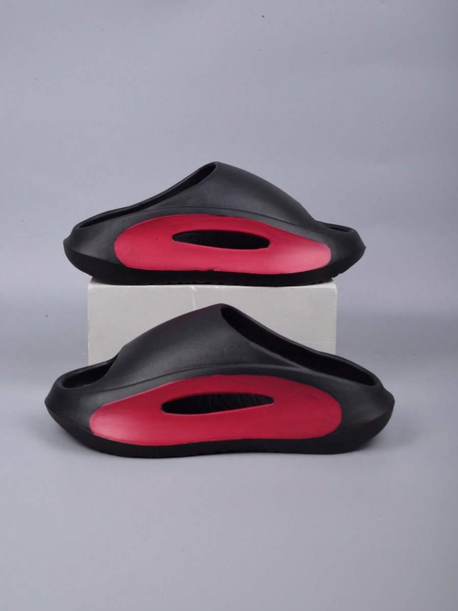 男士休闲街头 EVA 拖鞋，舒适防滑耐用便携凉鞋，时尚图案印花，男女情侣沙滩/室内/户外穿着，适合春夏季 - 黑紅 - 查看 1