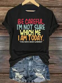 图案印花圆领 T 恤，休闲宽松短袖夏季上衣，针织面料，适合女士