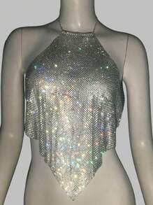 Women's Metallic Chain Rhinestone Necklace Strap, Shiny And Suitable For Music Festivals, Carnivals, Parties For Rave