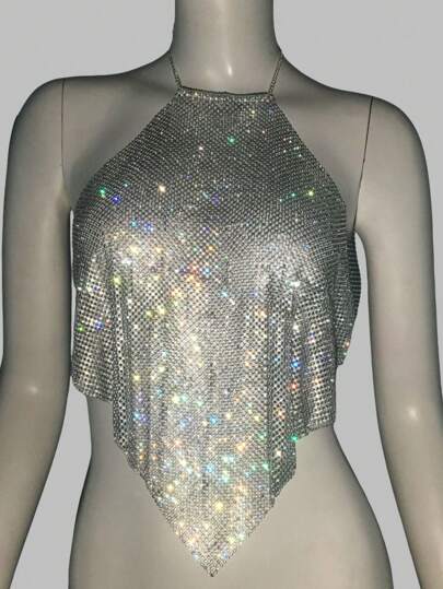 Women's Metallic Chain Rhinestone Necklace Strap, Shiny And Suitable For Music Festivals, Carnivals, Parties For Rave