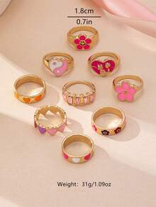 9pcs/Set Enamel Glazed Floral & Star Shaped Rings, Simple Elegant Fashion Accessory Suitable For Gift, Party, Daily Wear - Yellow Gold - View 3