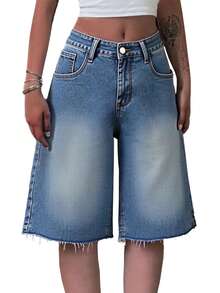 Y2K Streetwear Mid-Waist Distressed Frayed Denim Shorts, Casual Knee-Length Bermuda Shorts With Pocket Detail For Summer - 湖藍色 - 查看 4