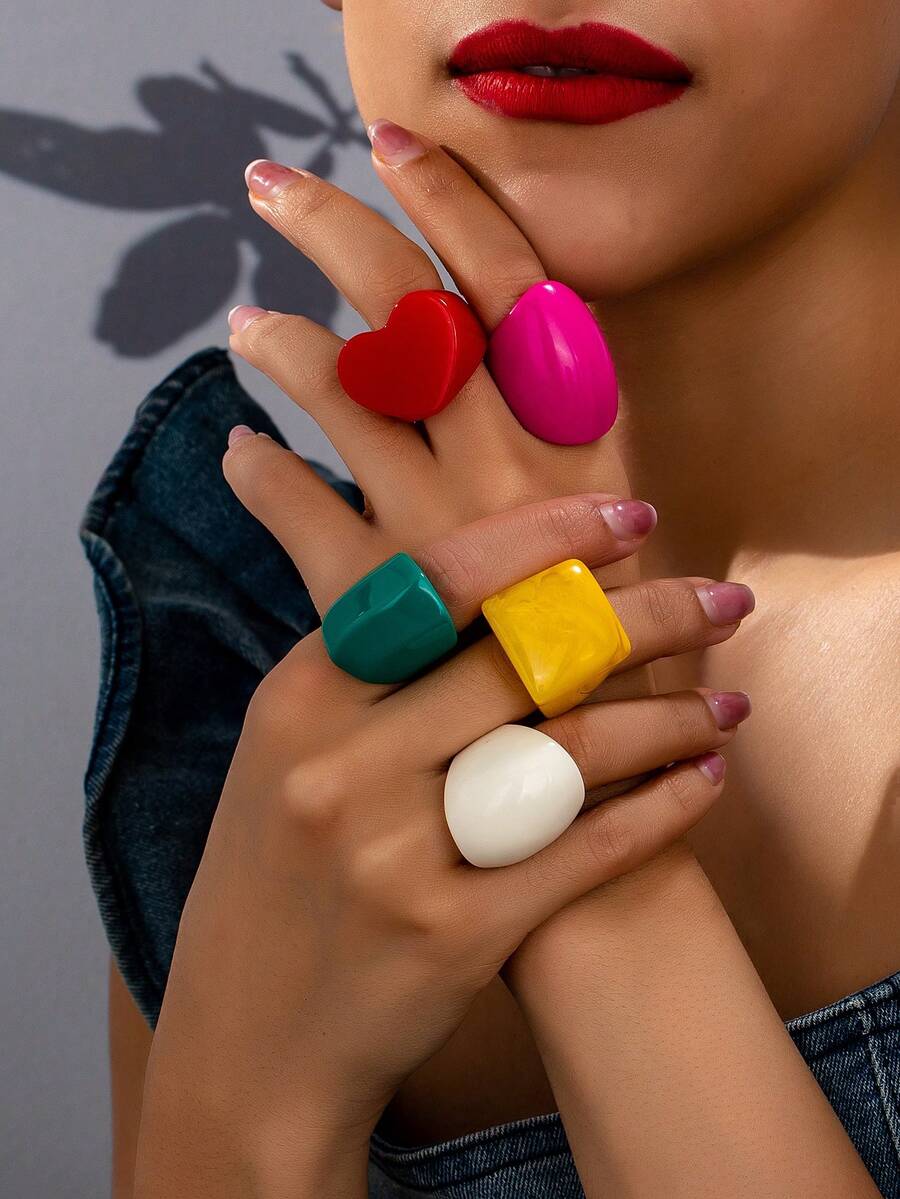 Bộ 5 chiếc nhẫn nhựa thiết kế hình trái tim nhiều màu sắc, thích hợp cho phụ nữ đeo trong ngày lễ, thường ngày và hàng ngày - Nhiều màu - Xem 1