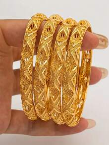 1pc 24K Gold Plated Copper Hollow Flower Totem Adjustable Bracelet For Women - Gold 125 - View 1