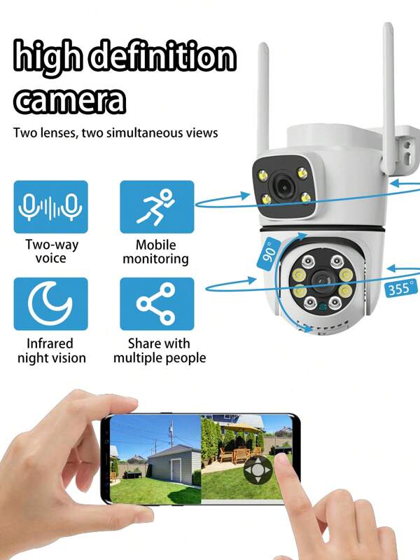 1 pieza Cámara de seguridad de doble lente | 1080P Vista dual | Cobertura completa de 355° | Visión nocturna y audio bidireccional | Monitor de bebé/mascota