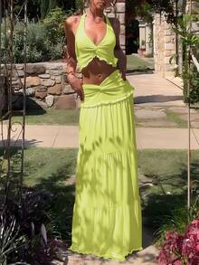 女士休闲褶皱荷叶边露脐吊带背心和迷你裙两件套，适合春夏派对、度假、夜生活等场合。 - 黃綠色 - 查看 4