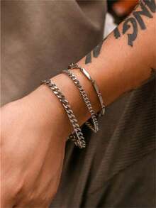 3 Pieces Set/Set Of Simple Titanium Steel Fashionable Men's Chain Bracelet, Suitable For Daily Wear. - Silver - View 2