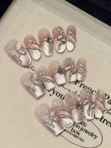 10 件粉色猫眼法式 3D 蝴蝶蛇钻石手工指甲压花指甲春夏甜美可爱女孩链条水钻装饰中长椭圆形/短棺材假指甲全覆盖指甲尖带果冻胶和指甲锉，DIY 美甲用品 - 粉色 - 查看 1