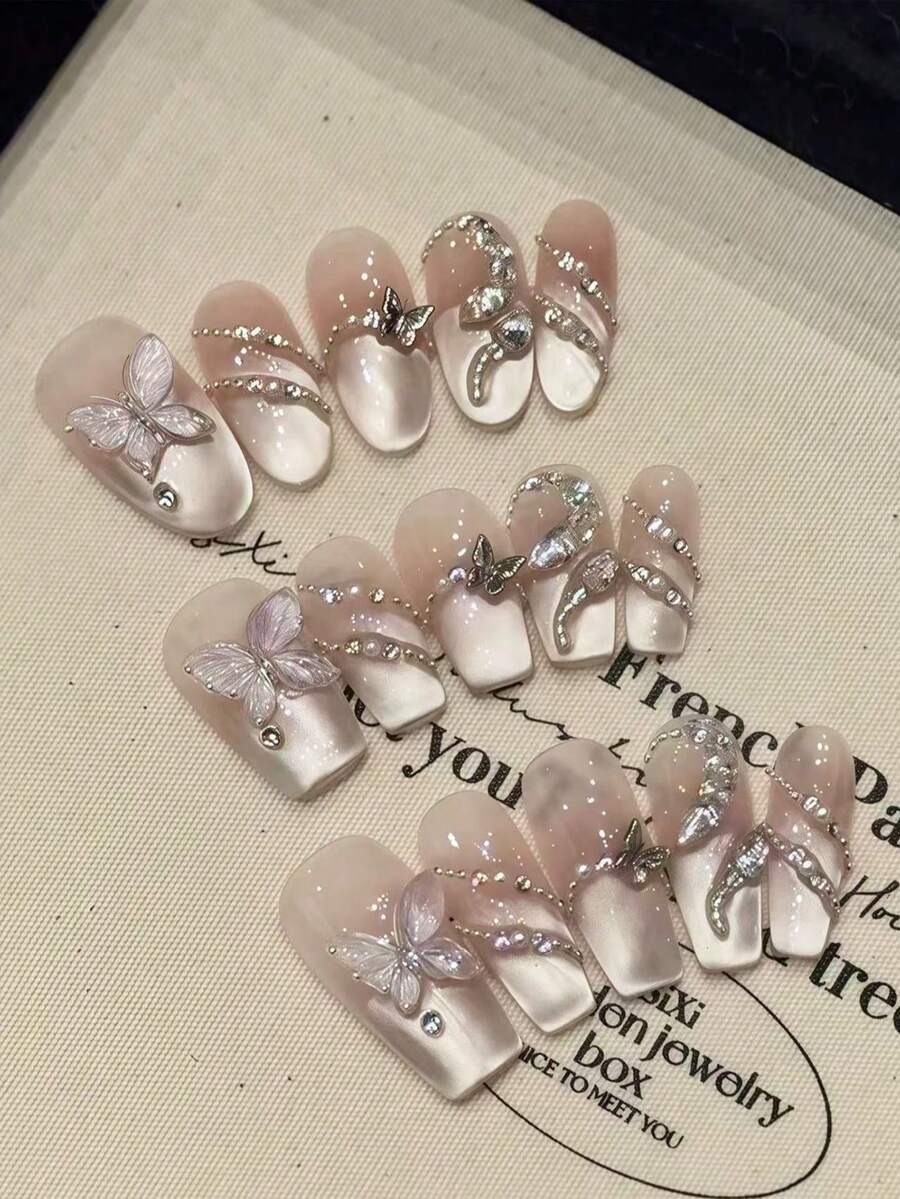 10 件粉色猫眼法式 3D 蝴蝶蛇钻石手工指甲压花指甲春夏甜美可爱女孩链条水钻装饰中长椭圆形/短棺材假指甲全覆盖指甲尖带果冻胶和指甲锉，DIY 美甲用品 - 粉色 - 查看 1
