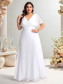 大碼蝴蝶袖百褶雪紡伴娘連衣裙