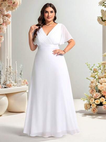 فستان شيفون ذو أكمام ريشية متجعدة ملائم للتواعيد في الصيف، فستان خطوبة، فستان عرض أعراس أبيض للعروس