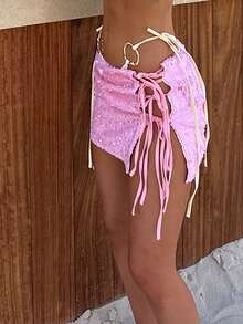 Women's Summer Glitter Tube Skirt Low Waist Wrap Mini Skirt With Tie Detail For Club Beach Parties - 粉色 - 查看 3
