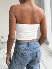 Mystra Summer Solid Color Wrap Chest Backless Ruched U-Shaped Buckle Water Drop Hollow Design Sexy Elegant Fitted Tube Top - White - View 6
