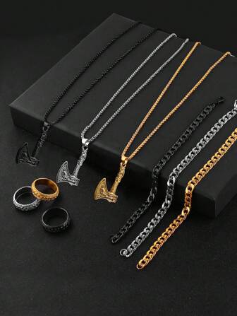 Set de 3/9 piezas de joyería con colgante, collar, pulsera y anillo con diseño de hacha para hombres, accesorios deportivos