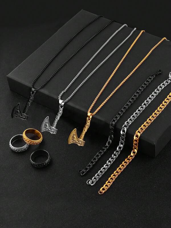 3pcs/9pcs Set Axe Pendant Necklace Bracelet Ring Jewelry Set For Men, Sporty Accessories