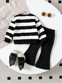 2pcs Baby Girls Casual Striped Long Sleeve Top + Flared Pants Set, Spring/Autumn - Black and White - View 2