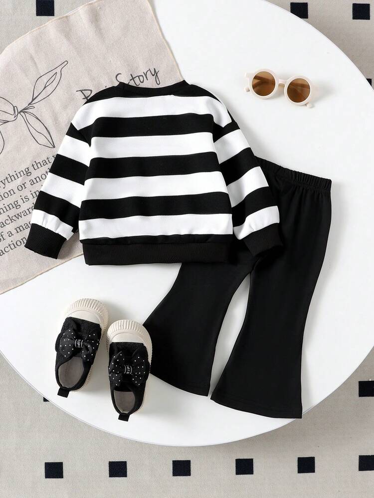2pcs Baby Girls Casual Striped Long Sleeve Top + Flared Pants Set, Spring/Autumn - Black and White - View 2