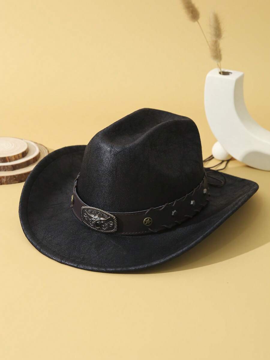 1pc Unisex Cattle Head & Belt Decor Boho Jazz Cowgirl Hat Cowboy Hat Ridge Wide Brim Handmade Soft Felt Hat Panama Hat Fedora Hat Western Suitable For Party - 黑色 - 查看 1