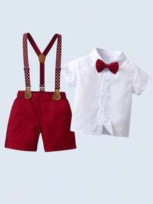 BOARNSEORL 2pcs Young Boys Gentleman Outfit - Red Suspender Pants And White Shirt With Bow Tie, Suitable For Holidays, Weddings, Christmas Parties, New Year Celebrations, Birthday, And Baby Shower - Red and White - View 1