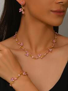 1 pièce Collier + 1 paire de boucles d'oreilles + 1 pièce Bracelet Ensemble de bijoux, 4 pièces de style élégant Bijoux de mariée, convient pour la saison des mariages