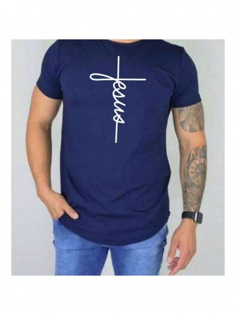 Jesus Printed Men's Shirt - 藏蓝色 - 查看 1