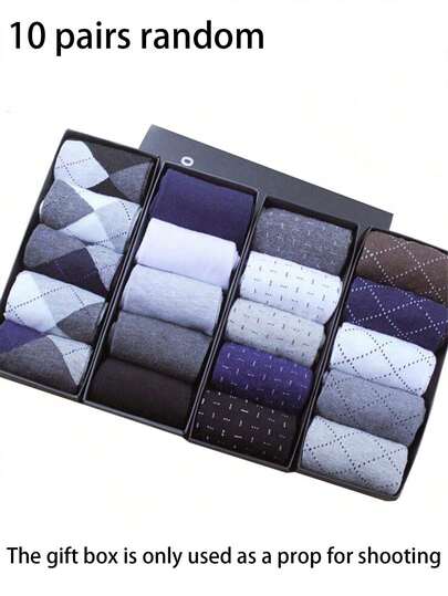 10 Pairs Men's Socks With Geometric Patterns, Knit Fabric, Business Casual Mid-Calf Socks With Polka Dot Design, Random Color (No Gift Box), Fall Socks