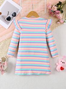 فستان كاجوال بأكمام طويلة وياقة دائرية، طباعة شريطية ملونة وشخصيات حيوانية مميزة، للبنات في فصل الخريف