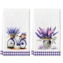 2pcs Set, Lavender Series Plaid Border Printed Towels, Ultra-Fine Fiber Modern Absorbent Cleaning Cloths, Cooking Baking Tea Towels, Dishcloths, Hand Towels, Super Soft, Highly Absorbent, Kitchen Decor, Neighbor/Mom/Birthday Gift, Housewarming Present For Friends, Kitchen Accessories, Household Essentials For Beauty Salon Home Bathroom