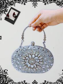 1 件优雅银色闪光水钻装饰手提包晚宴手拿包，奢华金属链带正式新娘婚礼派对包，适合庆典、婚礼、舞会、正式活动，女士礼物