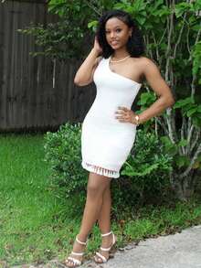 Steph T Váy bó sát tua rua một vai bãi biển mùa hè, váy tốt nghiệp màu trắng - trắng - Xem 1