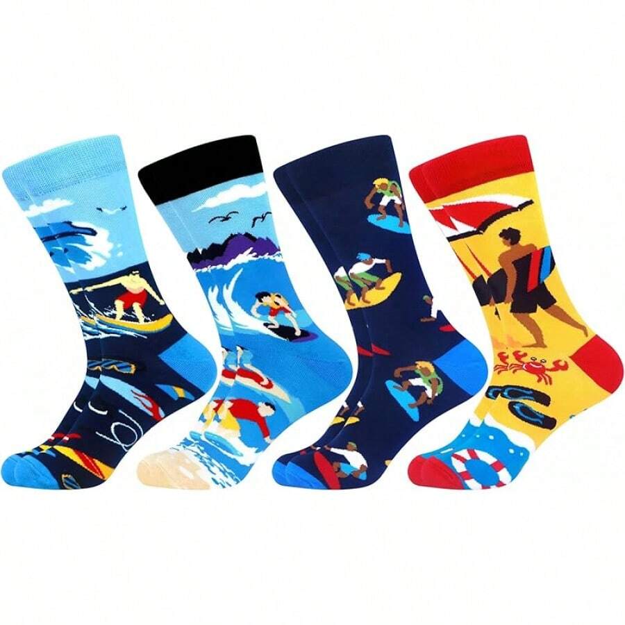 Men's Funny Novelty Crazy Pattern Dress Socks For Gifts - Blue/Yellow/Red/Multicolor Surfer-4m - View 1