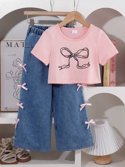Girls' Butterfly Print T-Shirt & Wide Leg Butterfly Decor Pants Set, Fashionable Summer Outfit
