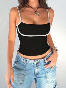 Mystra 女式夏季短款无袖撞色休闲背心 - 黑色 - 查看 1