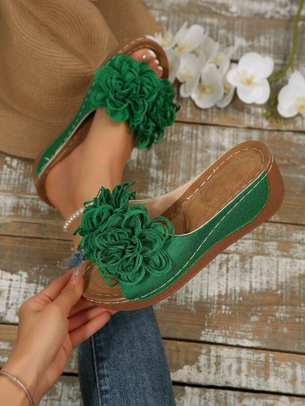 Women's New Floral Decor Polyurethane Bottom Slippers, Vacation Style Summer Green Leather Slip-On Platform Wedge Sandals