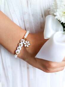 1pc Customized Name Pearl Bracelet, Unisex, Shower Gift, Best Friend Gift, Name Bracelet, Daisy Name Bracelet, Children Bracelet, Charming Spring/Summer Accessory, Customized Name Bracelet For Women, Vivid Color Birthday Party Gift, Back To School Gift, Children's Day Gift, Suitable For Teenagers