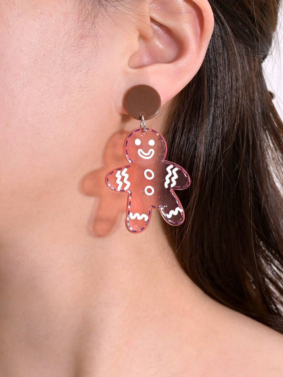 1 对可爱透明姜饼人亚克力吊坠耳环，适合女性日常或派对佩戴，很棒的圣诞礼物