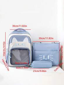 Back To School 3 Pcs Set New Nylon Material Cute Cartoon Kitten Pattern Solid Color Backpack, Shoulder Bag, Pencil Bag, Smooth Zipper Closure, Large Capacity And Multi-Function, Fashionable And Casual, Sweet And Simple, Very Suitable For Daily Outdoor Travel