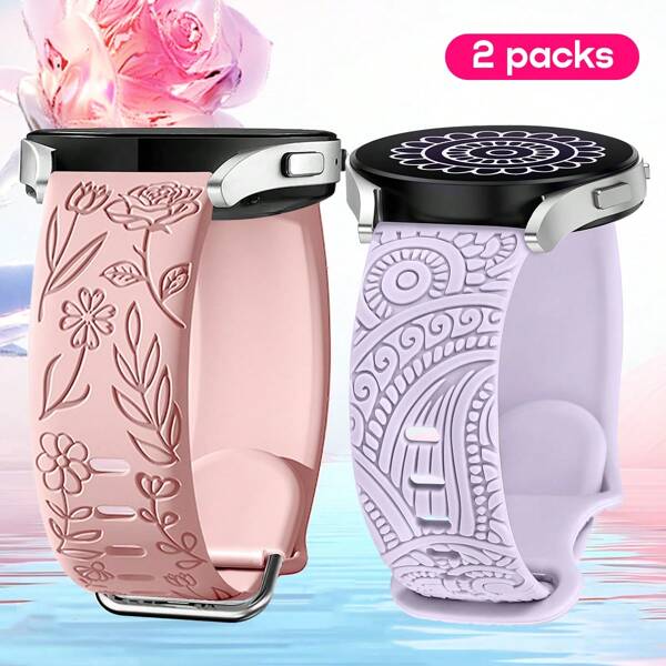 2 Peças Alça de Silicone Esculpida em Floral, Compatível com a Alça do Galaxy Watch 4/Galaxy Watch 5, Alça do Galaxy Watch 3/Galaxy Watch/Active 2, Alça de Silicone Macia para Esportes de 20 mm, Substituição para Mulheres e Homens (Apenas a Alça) Sem o Relógio