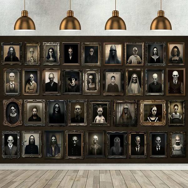Tela de fondo con diseño aterrador para fiestas de Halloween - Con diversos retratos de figuras terroríficas, adecuado para fotomatones y decoraciones, decoración colgante para Halloween, decoración para fiestas de graduación, decoración para fiestas, accesorios para fotomatones, decoración de habitaciones y hogar, decoración para barandillas exteriores, decoraciones colgantes de Halloween, regalos para fiestas