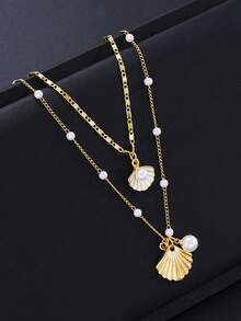 2 件简约优雅海星与贝壳仿珍珠金色项链套装，适合夏季海滩度假、派对和日常佩戴，适合女士