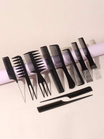 10 sets gewone kammen, haarkam en kam met brede tanden en rattenstaartkam, professionele stylingkamsets, diverse sets voor alle kapsels en stijlen, zwarte kerstcadeausets met haarborstels voor vrouwen en mannen, haarstyling, haarspullen, haarkammen, haaraccessoires, haarstylingset, haargereedschapsset, haarstylingset