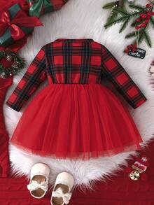 Baby Girls' Christmas Plaid Long Sleeve Dress, Embroidered Deer Animal & Bow Decor Mesh Dress, Autumn - Red - View 2