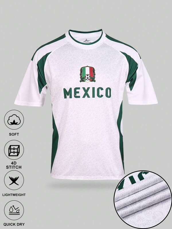SURUIDA 1pc Men Mexico National Football Soccer Jersey, White Sports T-Shirt Suitable For Sports Team Match