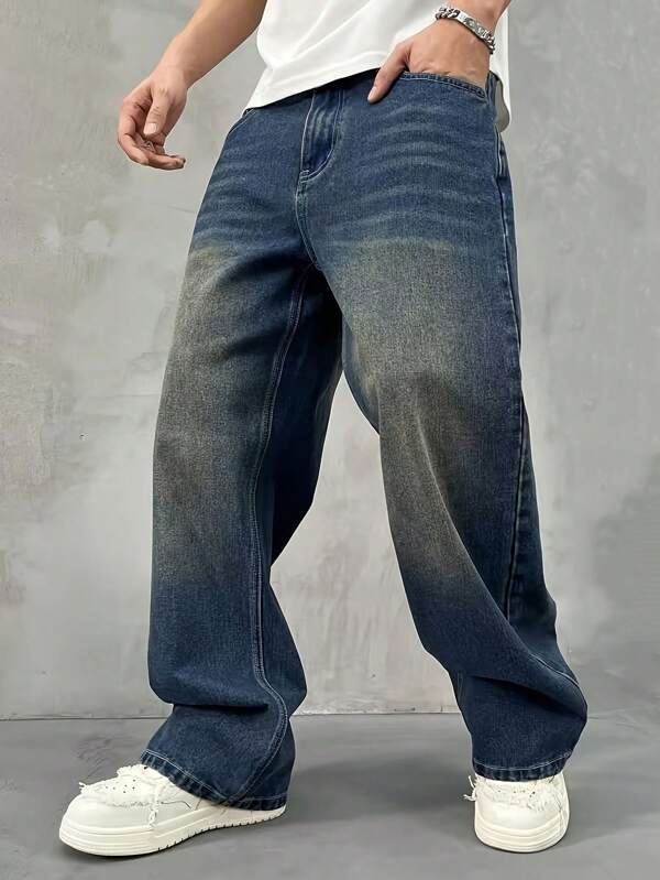 Jeans azules casuales de corte holgado y estilo retro para hombre