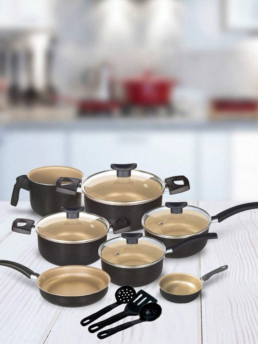 10 Piece Non-Stick Cookware Set With Glass Lid - Black With Cream - View 1