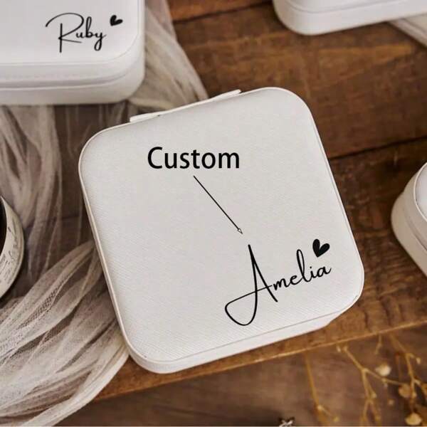Personalized Heart-Shaped Jewelry Box - Customized Bridesmaid Gift, Engraved Name Travel Case For Proposal, Wedding And Special Occasions, White Elegant Design With Zipper Closure And Fabric Lining, Bridal Party Gift | Classic Style | Divided Storage Compartments, Bridesmaid Gift, Jewelry Box